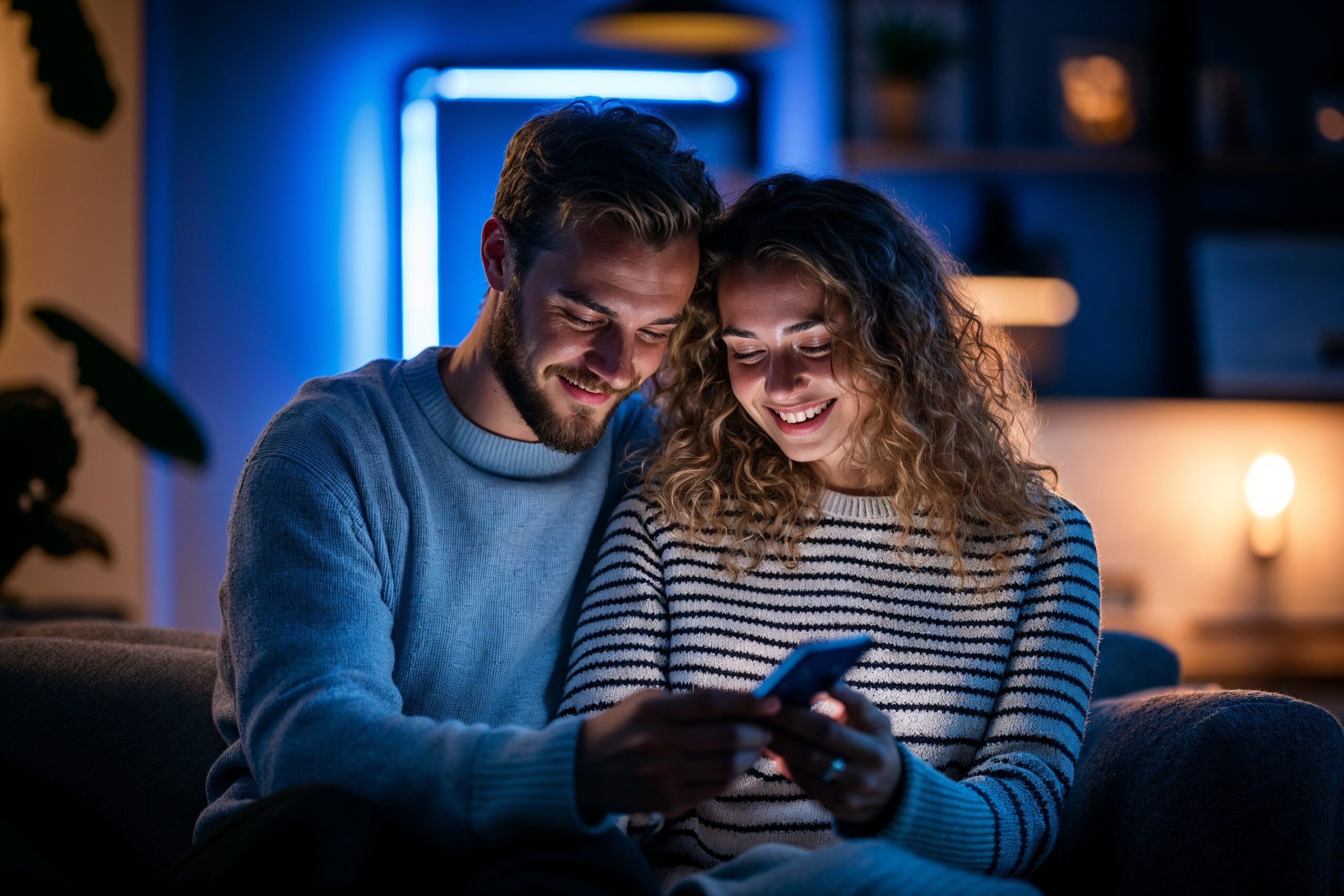 Een koppel, een man en een vrouw samen kijkend naar de telefoon